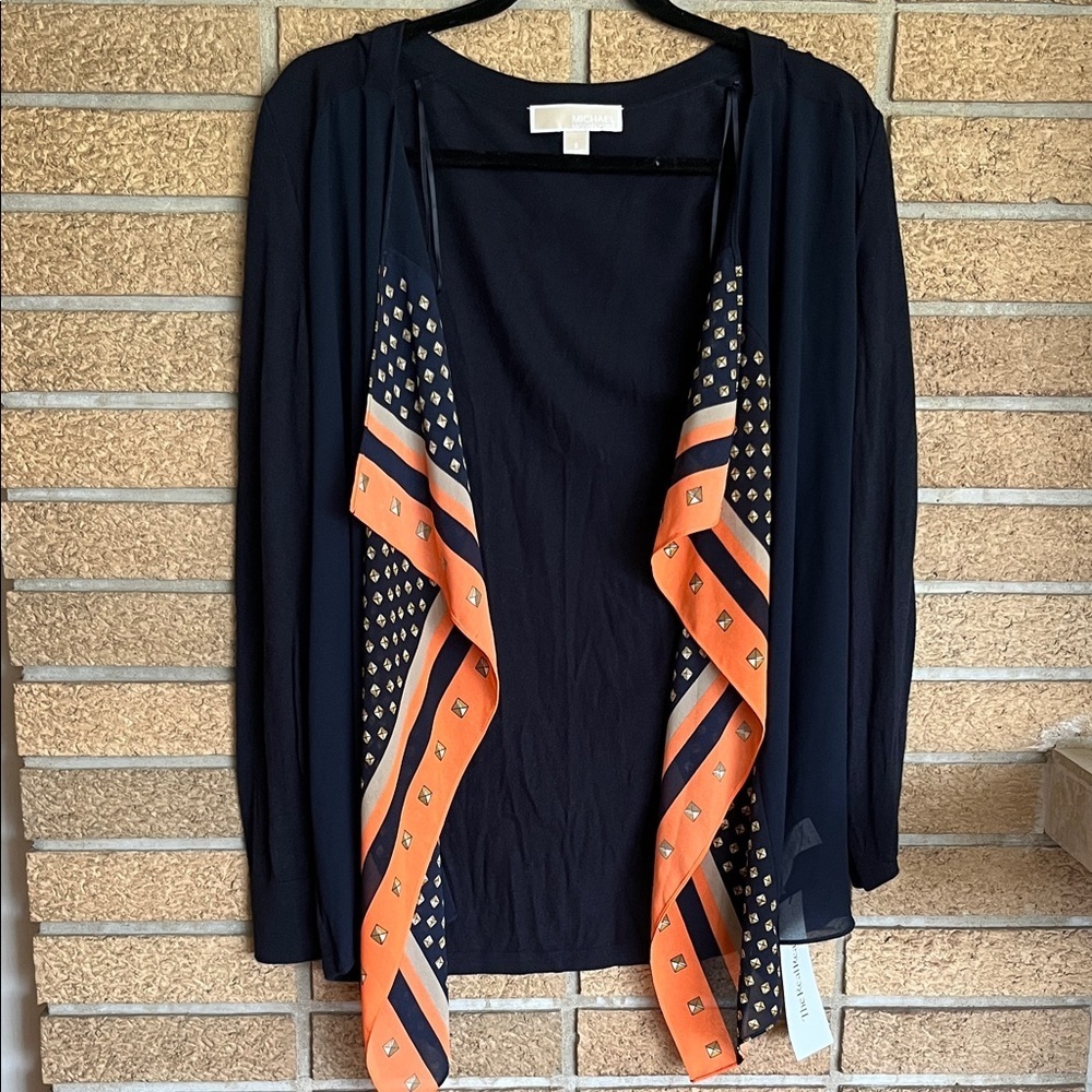 Michael Kors Navy Cardigan with Orange Patterned Trim